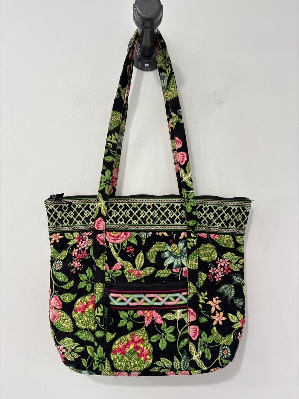 Vera Bradley Black Quilted Floral Tote with Pink & Green Pattern